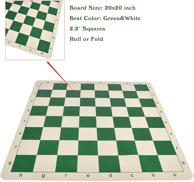 4" King Tournament Chess Set Foldable 20" Silicone Chess Board Mat with 2.2" Squares Green Color, Weighted Chess Pieces- 2 Extra Queens, Carrying Case for Storage and Travel