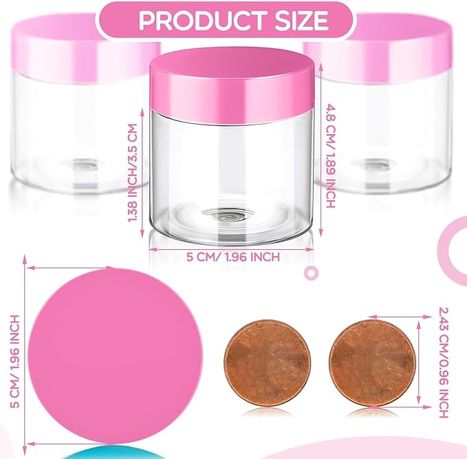 SATINIOR 12 Pack 2 oz Plastic Container Jars with Lids Round Clear Travel Cosmetic Container Slime Jars for Toiletries, Lotion, Cream, Ointments, Makeup, Rhinestone, Samples, Kitchen Storage(Pink)