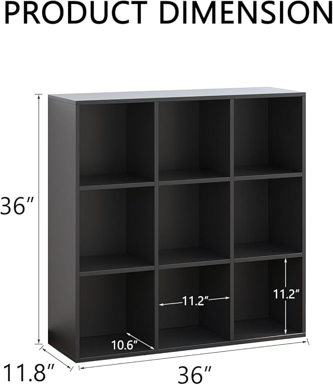 Wooden 9 Cube Storage Organizer with Closed Back Panel,Black Cube Shelf Heavy Duty Cubby Storage Organizer with Compartments for Living,Display Shelf,Bookshelf