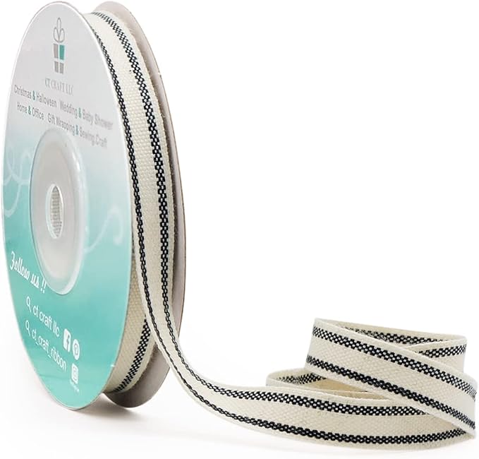 CT CRAFT LLC Ivory Cotton Black Stripes Ribbon 3/8" x 10 Yards for Home Décor Gift Present Wrapping DIY Crafts Birthday Wedding Bouquet Christmas