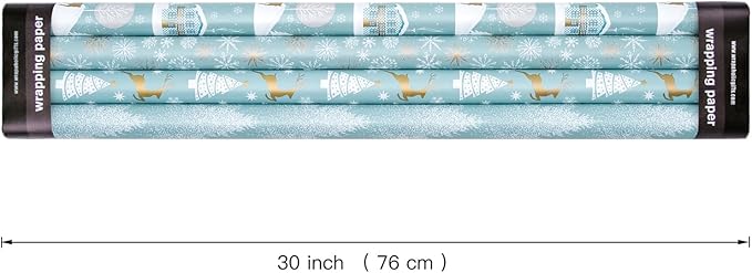 WRAPAHOLIC 30 Inch Christmas Wrapping Paper Roll - Jumbo Roll Blue and Silver Reindeer, Christmas Tree, Snowflake Holiday Design Printed on Pearlized Paper - 4 Rolls - 30 Inch x 120 Inch Per Roll