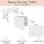 Set of 2 Folding Tables with Carrying Handle Lightweight Rectangular Portable Plastic Camping Table Steel Legs for Party, Dining, Wedding, Events, Picnic Indoor, Outdoor (6FT, White)