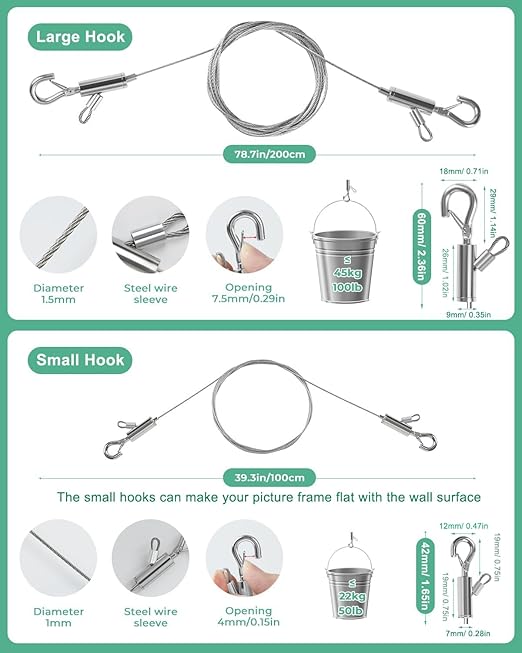 Adjustable Picture Hanging Wire, 2PCS 1m x 1mm Small Hooks + 2PCS 2m x 1.5mm Large Hooks Picture Frame Wire Kit Heavy Duty up to 100lbs, Stainless Steel for Mirror, Light, Flowerpot
