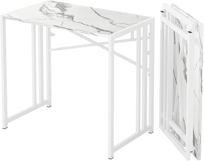 35 inch Folding Small Desk, Writing Gaming Computer Camping Desk for Small Spaces, No Assembly Required Home Office Table, White Marble