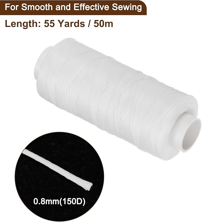 uxcell Leather Sewing Waxed Thread, 55 Yards / 50m 0.8mm 150D Flat Polyester All-Purpose Threads for Leather Crafts, Bookbinding, White
