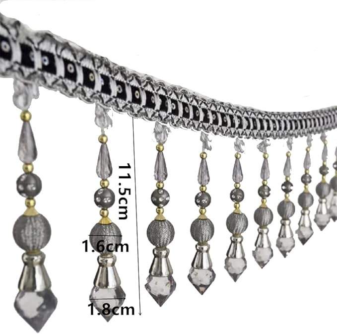 3yards Beading Fringe Trimming Long Beads Tassel Curtain Trim Ribbon Trim for Cover Edge Decorative (Gray)