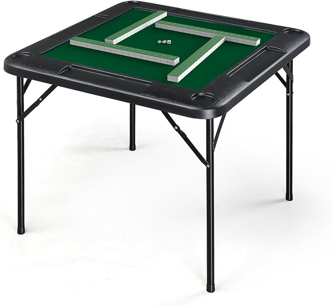 PEXMOR 39.5" Foldable Mahjong Table, Square 4 Player Card Game Table w/Cup Holders & Chip Grooves, Portable Folding Poker Domino Board Game Table for Blackjack, Texas Hold'em, Jigsaw Puzzles Game