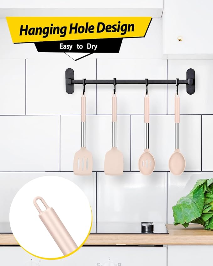 Pack of 4 Silicone Cooking Utensils Set, Non Stick Large Solid Spatulas, Heat Resistant Stainless Steel Khaki Slotted Spoons, Ideal BPA Free Kitchen Turners for Frying, Mixing,Serving,Draining,Turning