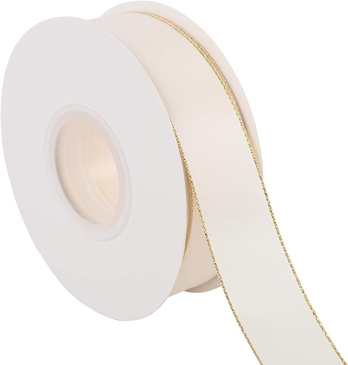 ITIsparkle 1" Inch Double Faced Satin Ribbon 25 Yards with Gold Edges, 1" X 25Yd - Ivory