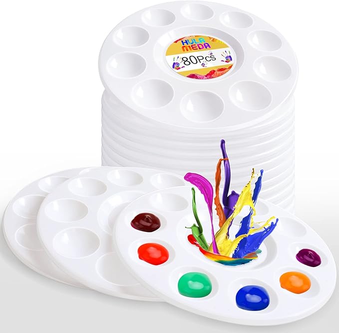 Hulameda 80pcs Paint Tray Palettes, Plastic Round Pallets for Kids or Students,Craft DIY or Have a Birthday Painting Party