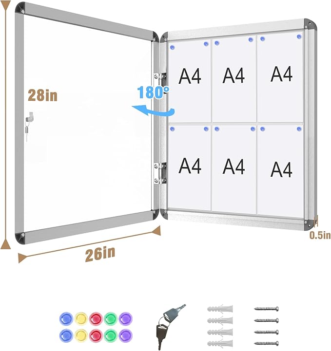 28"x26" Enclosed Bulletin Board, Lockable Weather-Resistant Aluminum Noticeboard for School & Office, Silver Frame w/Magentic Whiteboard
