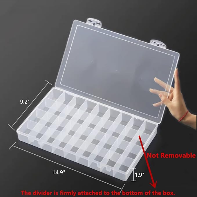 Feadily 2PCS 36 Grids Large Plastic Organizer Box with Dividers, Compartment Organizer Box for Nail Accessories/Screw/Sewing Arts and Oil Paint, Bead Storage Containers 14.9" x 9.2" x 1.9" (Clear)
