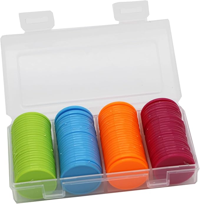 Set of 100 Opaque Plastic Learning Counters Mini Poker Chips Game Tokens with Storage Box (Mediumvioletred+Lawngreen+Deepsky Blue+Orange, 1 Inch)