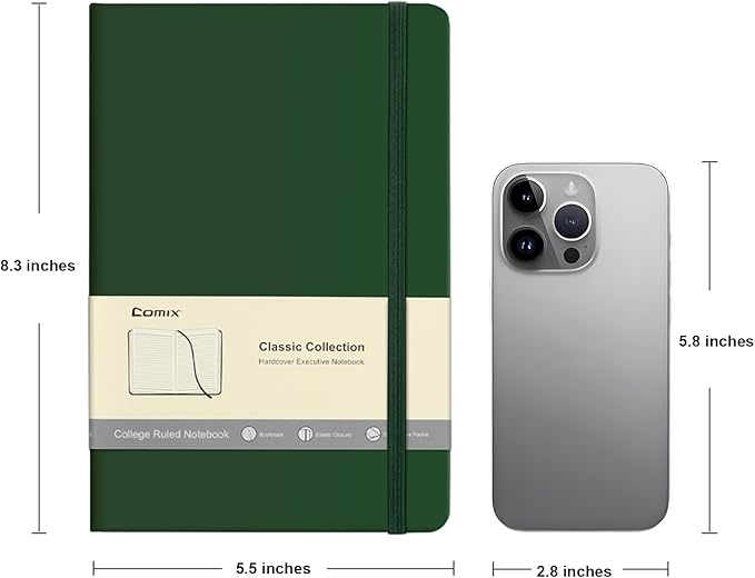 Comix Lined Journal Notebook for Women Men, Journaling Notebooks for Office School Home, Dark Green, 240 Pages, 5.5" x 8.3", College Ruled, A5, Hardcover
