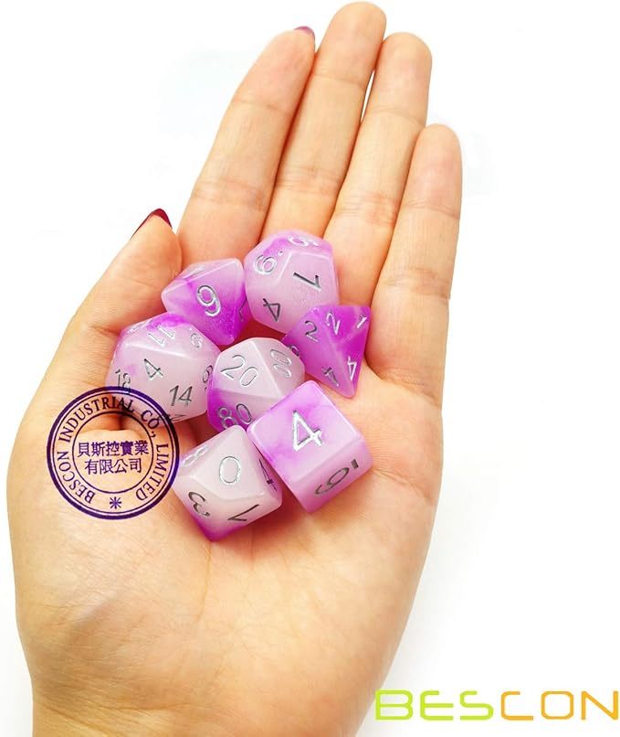 Bescon Two Tone Glowing Polyhedral Dice 7pcs Set Frosty Amethyst, Luminous RPG Dice Glow in Dark, DND Role Playing Game Dice