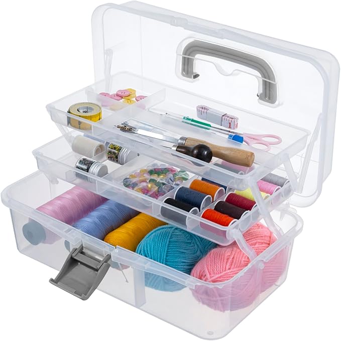 MyGift 13 Inch Transparent Plastic Empty Multipurpose Storage Box with Gray Handle, Latching Lid and 2 Expandable Trays for Tools, First Aid, Sewing Kit, Arts Crafts Supplies