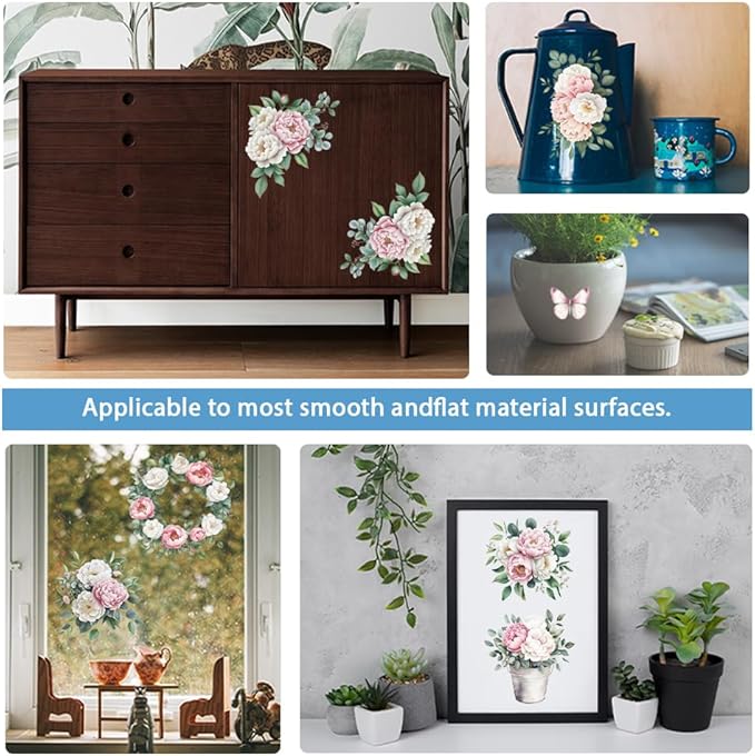 GLOBLELAND 4 Sheets Pink and White Flowers Transfer 11.8x5.9inch Peony Wreath Rub on Transfer Self-Adhesive Wall Art Decals for Farm Bedroom Living Room Desk Table Decoration