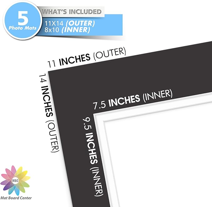 Mat Board Center, Double Mat - Acid Free, 8-ply Thickness, White Core - for Pictures, Photos, Framing (Black Over White, 11x14 for 8x10, Pack of 5)