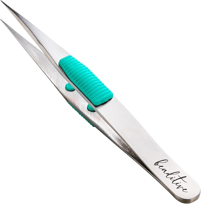 Beaditive High Precision Heavy-Duty Tweezers With Cushion - 4.7" Craft Tweezers for Sewing, Beading & DIY Crafts - Non-Serrated, Fine Point Tips - Stainless Steel Needle Nose Hobby Tweezers (Teal)