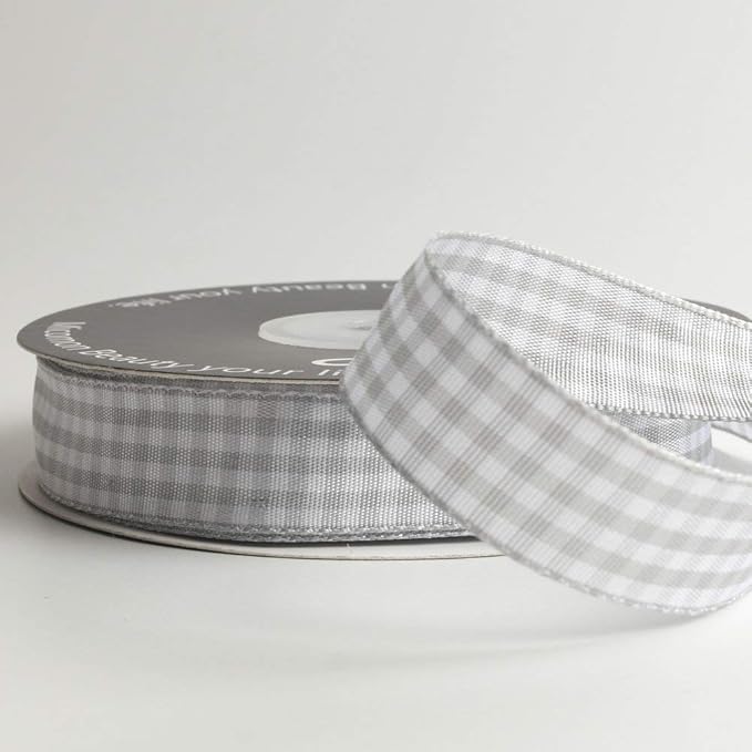 Gingham Ribbon - Gray and White, 25 Yards Each Roll, 100% Polyester (5/8")