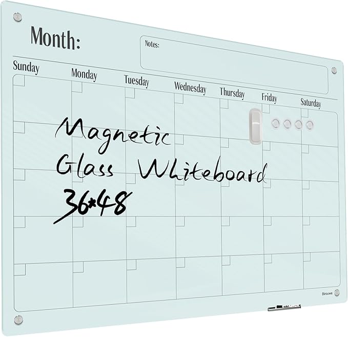 Magnetic Glass Monthly Calendar Whiteboard - Glass Dry Erase Board 48"x36" Large Frameless Glass Board for Walls Office School and Home