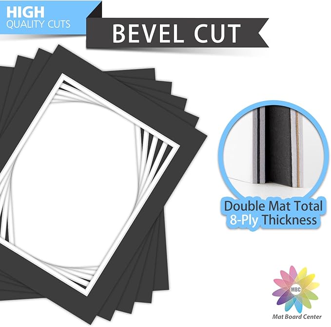 Mat Board Center, Double Mat - Acid Free, 8-ply Thickness, White Core - for Pictures, Photos, Framing (Black Over White, 11x14 for 8.5x11, Pack of 5)