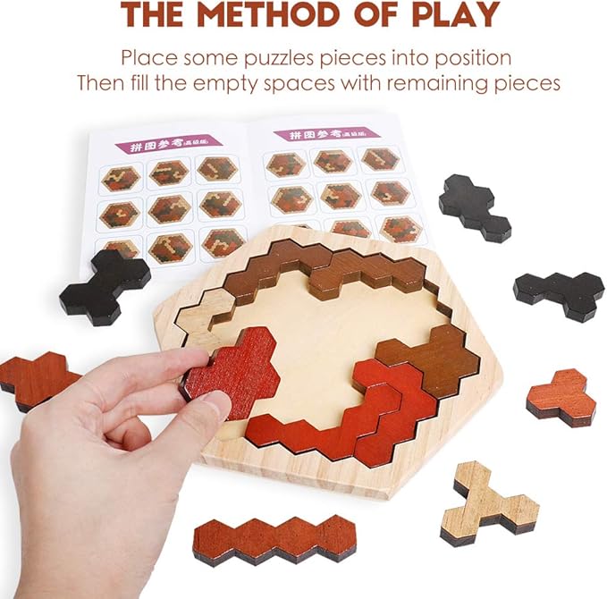 Skrtuan Wooden Hexagon Puzzle for Kids & Adults, Montessori STEM Educational Toy with Colorful Shapes, Logic IQ Brain Teaser Game for Kids, Geometry Tangram Gift