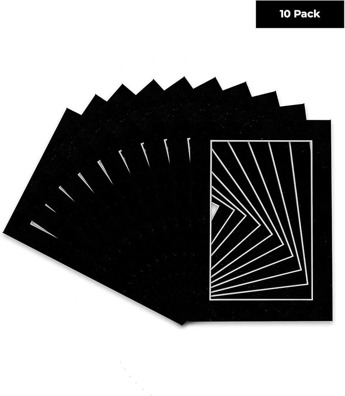 Pack of Ten Acid Free 8x10 Mats Bevel Cut for 5.5x8.5 Photos - Black Suede Precut Matboards With Backing Boards and Self Seal Photo Mat Bags For Pictures, Photos, Framing - 4-ply Thickness