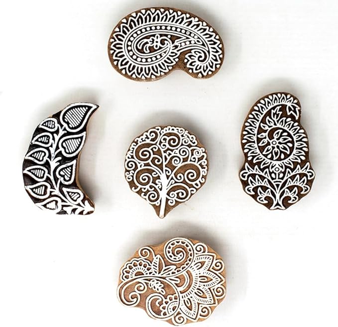 Handcarved Wooden Block Stamp for Printing Scrapbooking/Wooden Stamps for Project Designing/Fabric Textile/Clay/Pottery Craft/Tattoo | Set of 5 | Hashcart®
