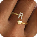 Gold Initial Rings for Women Girls, Dainty 14K Gold Plated Adjustable Initial Rings Cute Heart Zirconia Ring for Women Teen Girl Gifts