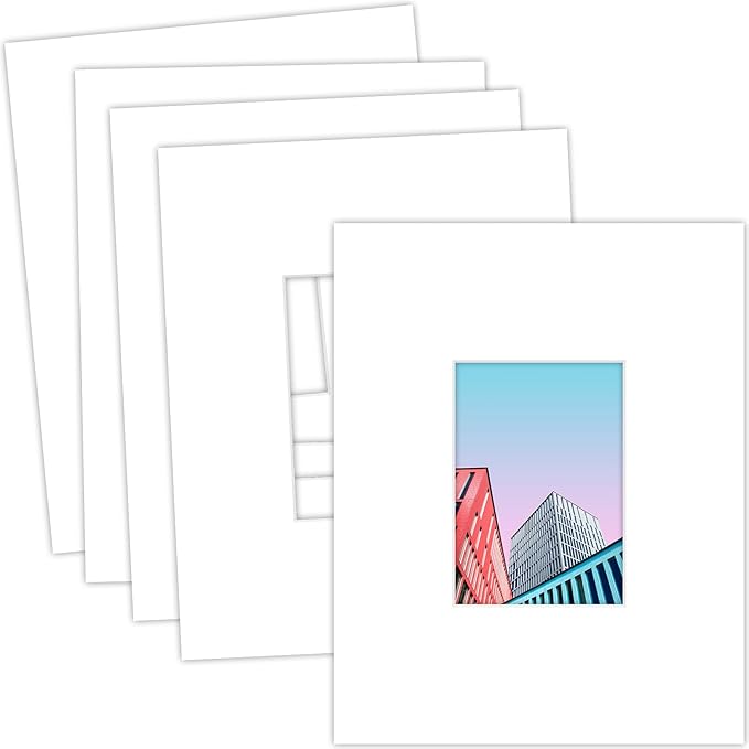 MBC Mat Board Center, 5 Pack 11x14 for 5x7 White Picture Mats Frame Mattes, Bevel Cut, Acid Free, 4-ply Thickness