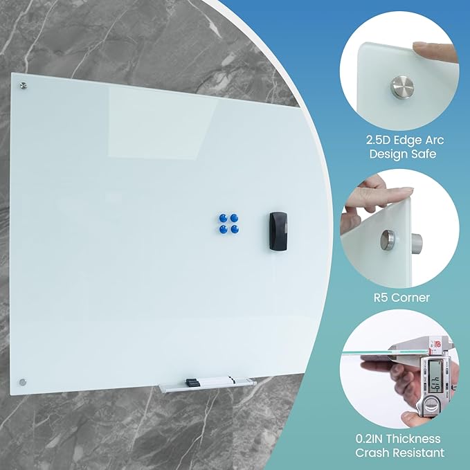 Magnetic Whiteboard Glass Writeboard 40"x60" Tempered Glass Dry Erase Board Wall Mounted Frameless Glass Whiteboard Writing GlassBoard for Office School Home (White)