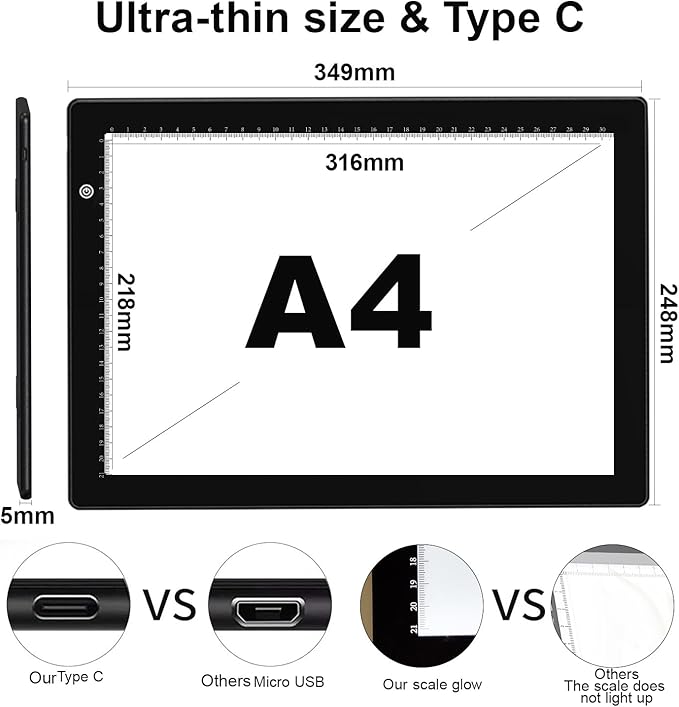A4 Light Box for tracing,Ultra-Thin Magnetic led Light pad for Drawing,Stepless dimming lightbox for Sketching,Tattoo, Light Table for Artists,Diamond Painting,X-ray Viewing