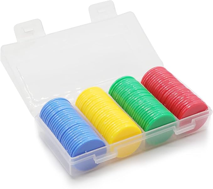 Set of 100 Opaque Plastic Learning Counters Mini Poker Chips Game Tokens with Storage Box (Red+Yellow+RoyalBlue+Green, 1.58 Inch)