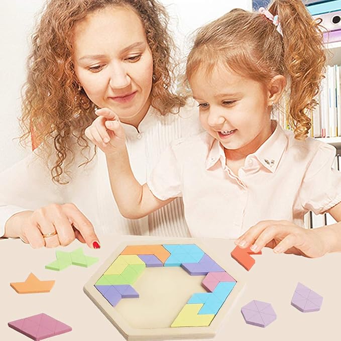 Skrtuan Wooden Hexagon Puzzle for Kid Adults Wooden Blocks Puzzle Brain Teasers Toy Shape Pattern Blocks Tangram Puzzles Games Family Portable Montessori Educational Gift for Kid Children