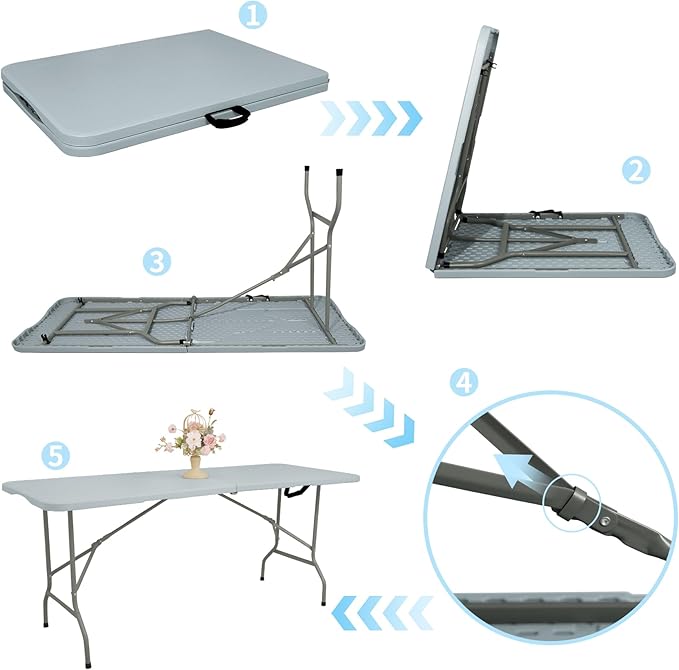 Folding Table 5FT Camping Table Portable Heavy Duty Plastic Rectangular Outdoor Dining Table Steel Legs Fold-in-Half with Carrying Handle for Indoor,Picnic,Party,Wedding,Events(Grey)