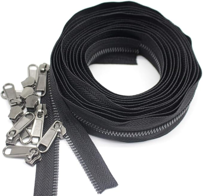 YaHoGa #5 Metal Zippers by The Yard Bulk 4 Yards + 10 pcs Sliders for Bags DIY Sewing Tailor Crafts (Black Nickel Teeth)