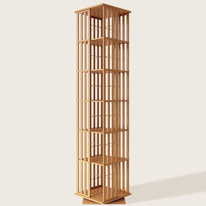 XIMN 360° Rotating Bamboo CD/DVD Shelf - 6-Tier Space-Saving Media Storage Cabinet for Movies, Organizer with Super Compact Design