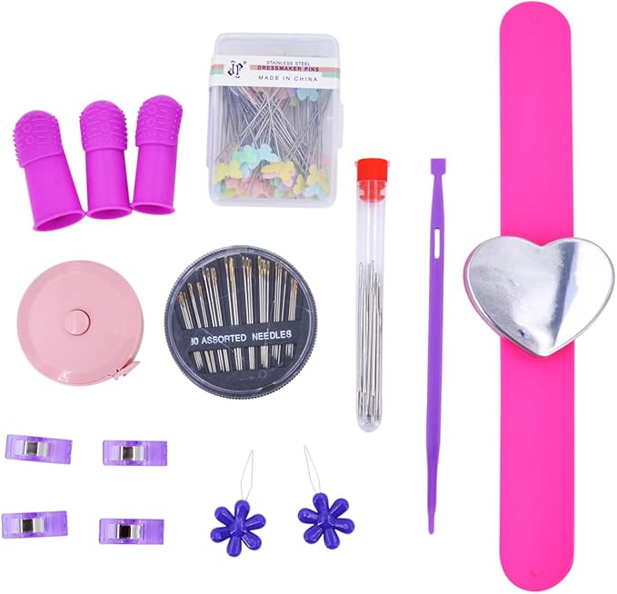 Sewing Kit for Teens & Petite Fingers | THIK-Grip Thimbles - Small (2) Medium (1) | Needles (55) | Ruler (1) | Fabric Clips (4) - Pins (100) (Not Heat Resistant) & More Supplies
