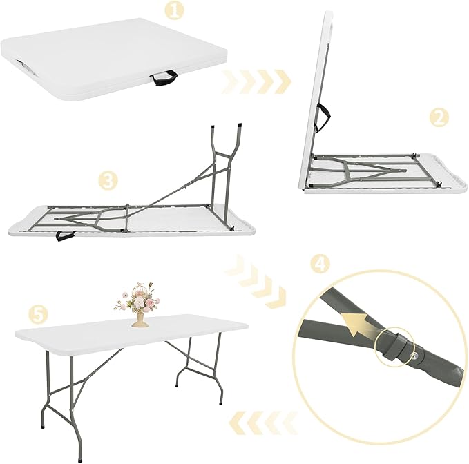 Set of 2 Folding Table 6 FT Lightweight Camping Table Portable Plastic Rectangular Outdoor Dining Table Steel Legs Fold-in-Half with Carrying Handle for Indoor,Picnic,Party,Wedding,Events(White)