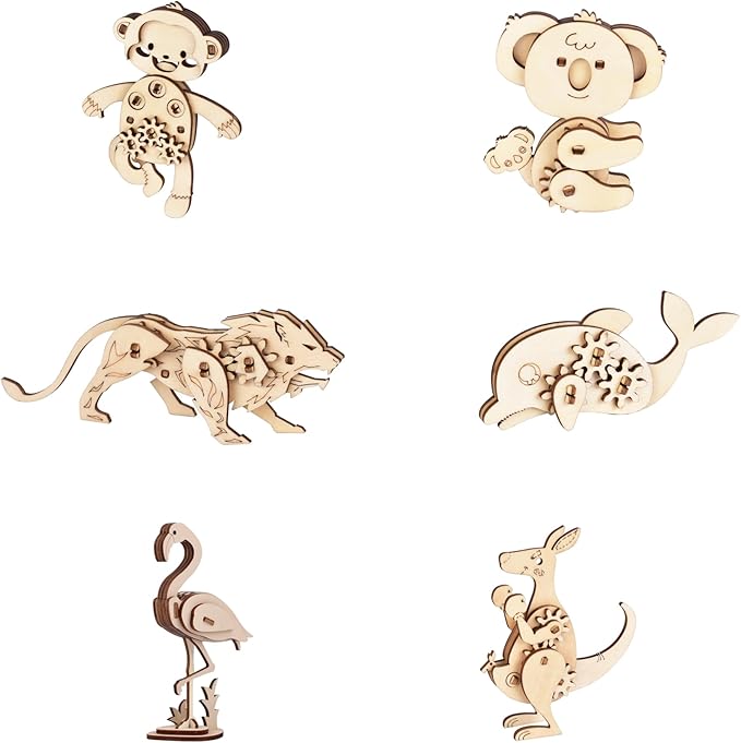 Wooden Animal Puzzles for Ages 8+, 6 Pack 3D Wooden Puzzles, STEM Kits for Kids, Teens, Adults, Wood Crafts Model Kits, STEM Toys, DIY Art Projects, Educational Gifts Toys, Party Favors - Exotic Frens