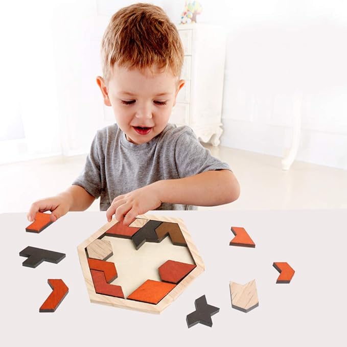 Skrtuan Wooden Puzzle Hexagon Tangram Puzzle for Kids Adults Brain Teasers Puzzles Game Challenge Toy Shape Pattern Block Tangram Family Portable Montessori Educational Gift for Kids Boys Girls