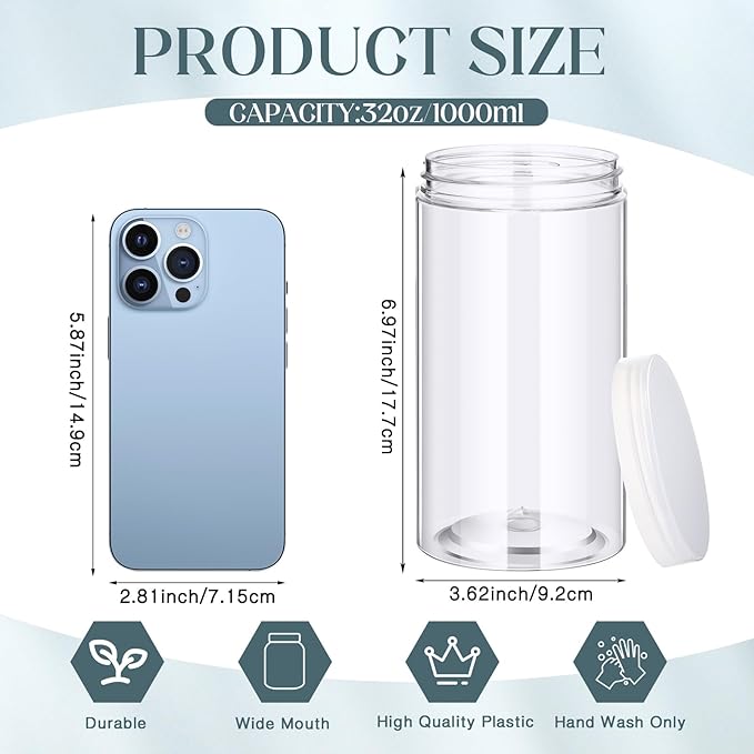 SATINIOR 12 Pack 32 oz Plastic Container Jars with Lids Round Clear Travel Cosmetic Container Slime Jars for Toiletries, Lotion, Cream, Ointments, Makeup, Rhinestone, Samples, Kitchen Storage(Clear)