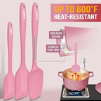 Walfos Silicone Spatula Set of 5 - (600°F) High Heat Resistant Kitchen Scraper Spatulas, One-Pieces Seamless Design, Perfect for Cooking Mixing & Baking - BPA Free and Dishwasher Safe（Pink）