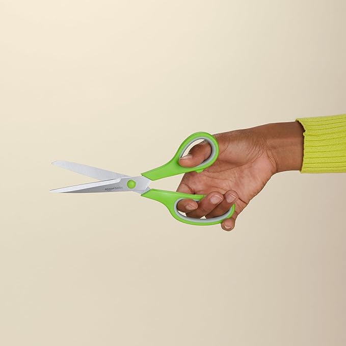 Amazon Basics Stainless Steel Scissors for Office, Crafts, Multipurpose, Sharp, Comfort Grip, PVD Coated, 2 Pack, Green and Grey