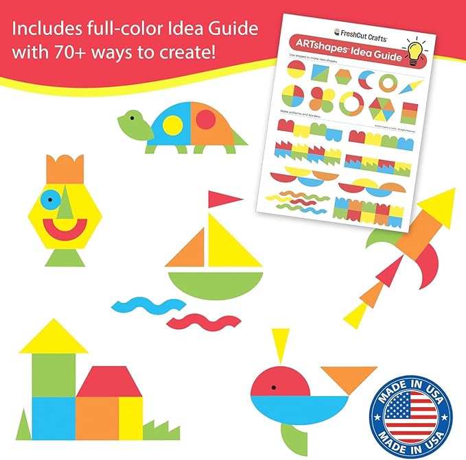 ARTshapes 840 pc Creative Paper Shapes Pack with 70+ Idea Guide - US Made Card Stock - Punch Out Funky DIY Craft Supplies for Whimsical Art Designs, Paper Crafts, and Pattern Play 5 Bright Colors