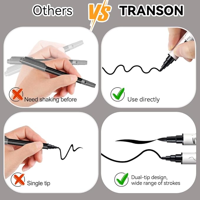 TRANSON 4 Black and 4 White Paint Markers Brush and Fine Dual-tip Acrylic Paint Marker Set for Rock Painting Glass Canvas Wood Leather Ceramic Painting