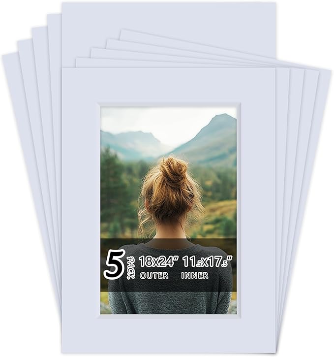 Falling in Art 5 Pack Acid Free 18x24'' White Picture Mats Board Show Kit for 12x18'' Photos, 4-Ply Beveled Pre-Cut Photo Mats with Backing Board for Frames, Artwork and Prints