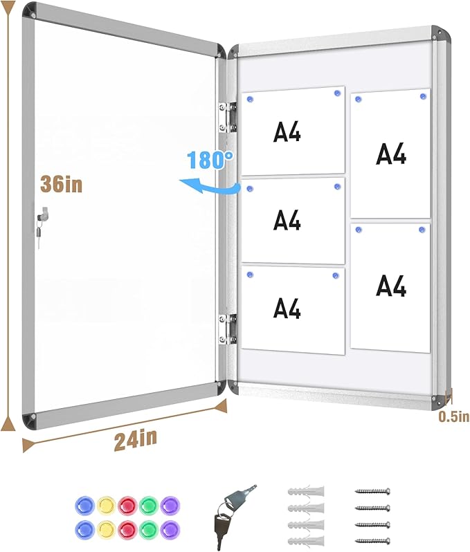 36"x24" Enclosed Bulletin Board, Lockable Weather-Resistant Aluminum Noticeboard for School & Office, Silver Frame w/Magentic Whiteboard