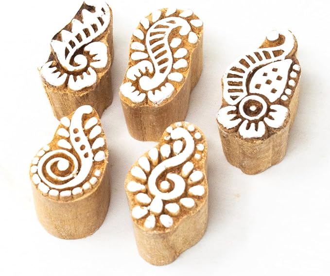 Hashcart Small Wooden Stamp Block - Printing Stamp Design Set | Block for Printing Saree Border | Dresses, Craft Card Making, Scrapbook, Clay Pottery | Set of 5